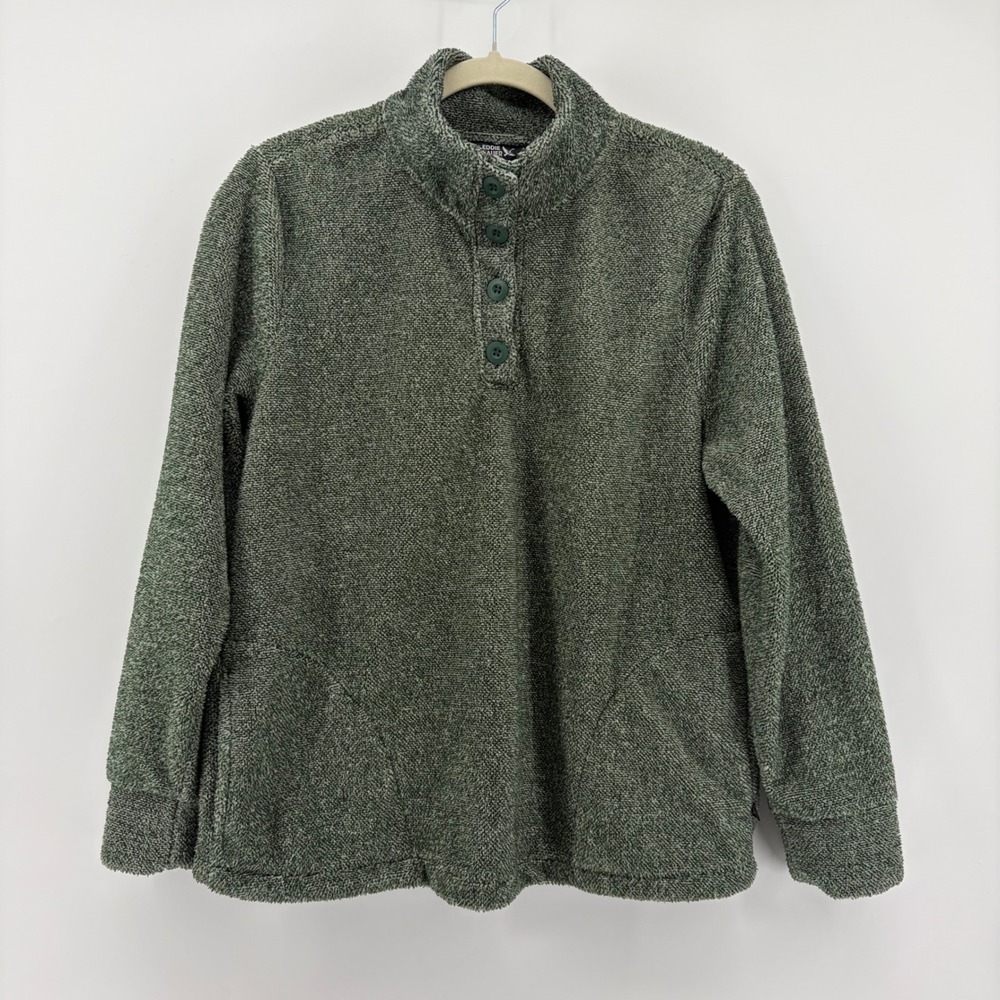 Eddie Bauer‎ Women M Green Fleece Pullover Button Mock Neck Pockets Heathered